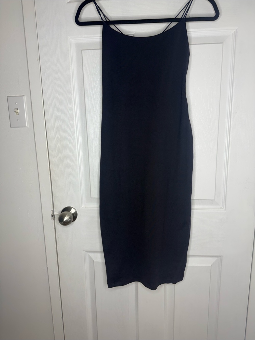 Second Skin Overalls Black Midi Slip Dress with Double Spaghetti Straps